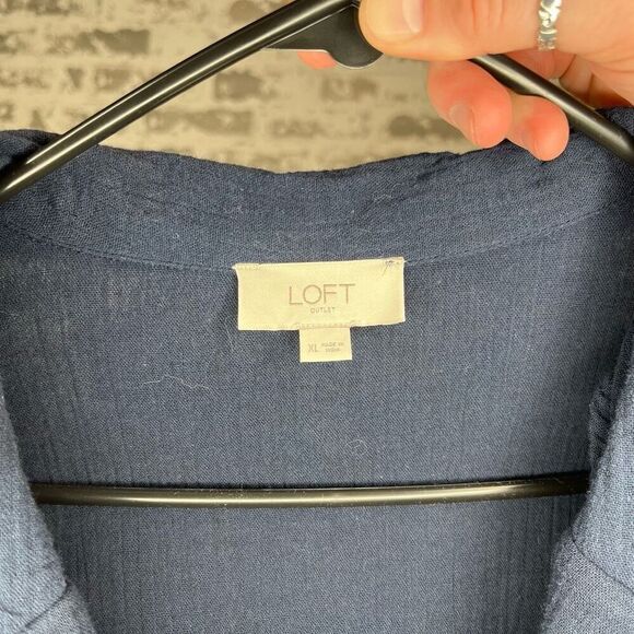 Loft | women navy blue gauzy romper shorts button up - Picture 2 of 12